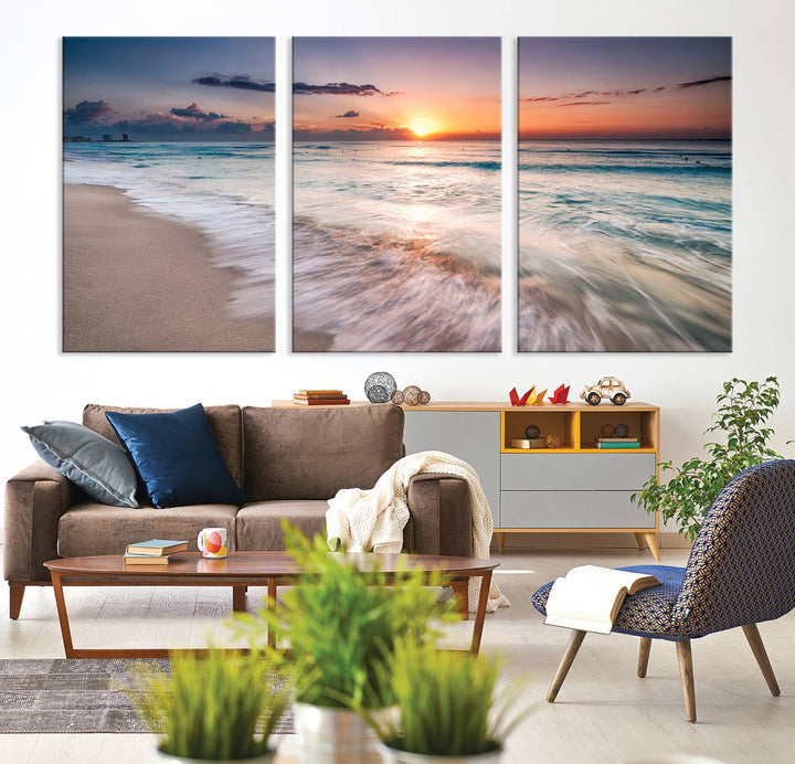 Sunset Wave and Bubble on the Beach Sunset Wall Art Canvas Print