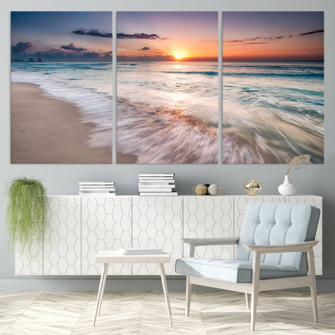 Sunset Wave and Bubble on the Beach Sunset Wall Art Canvas Print