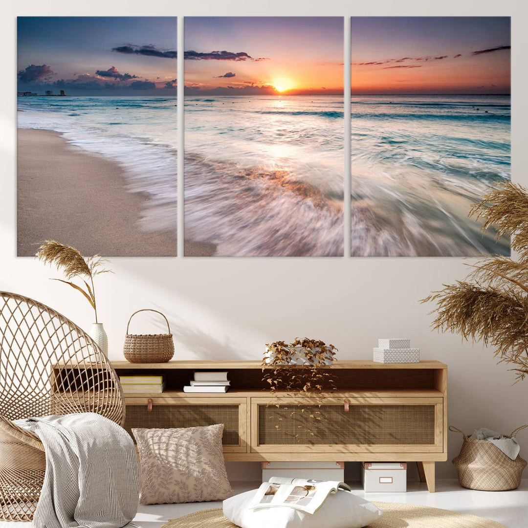 Sunset Wave and Bubble on the Beach Sunset Wall Art Canvas Print