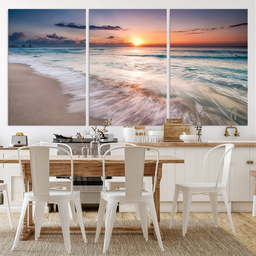 Sunset Wave and Bubble on the Beach Sunset Wall Art Canvas Print