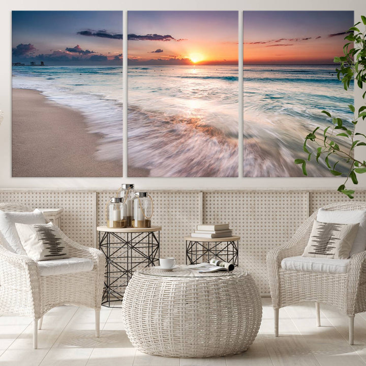 Sunset Wave and Bubble on the Beach Sunset Wall Art Canvas Print