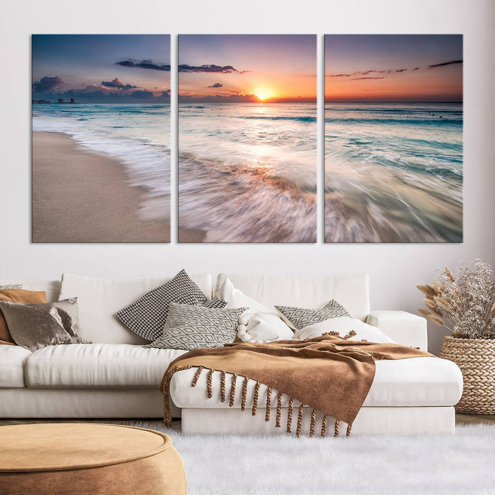 Sunset Wave and Bubble on the Beach Sunset Wall Art Canvas Print