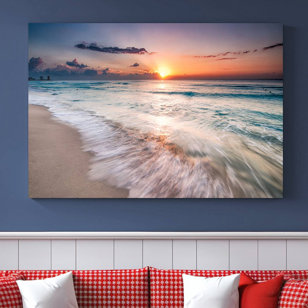 Sunset Wave and Bubble on the Beach Sunset Wall Art Canvas Print