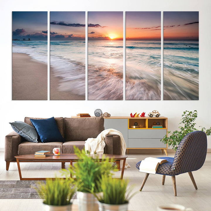 Sunset Wave and Bubble on the Beach Sunset Wall Art Canvas Print