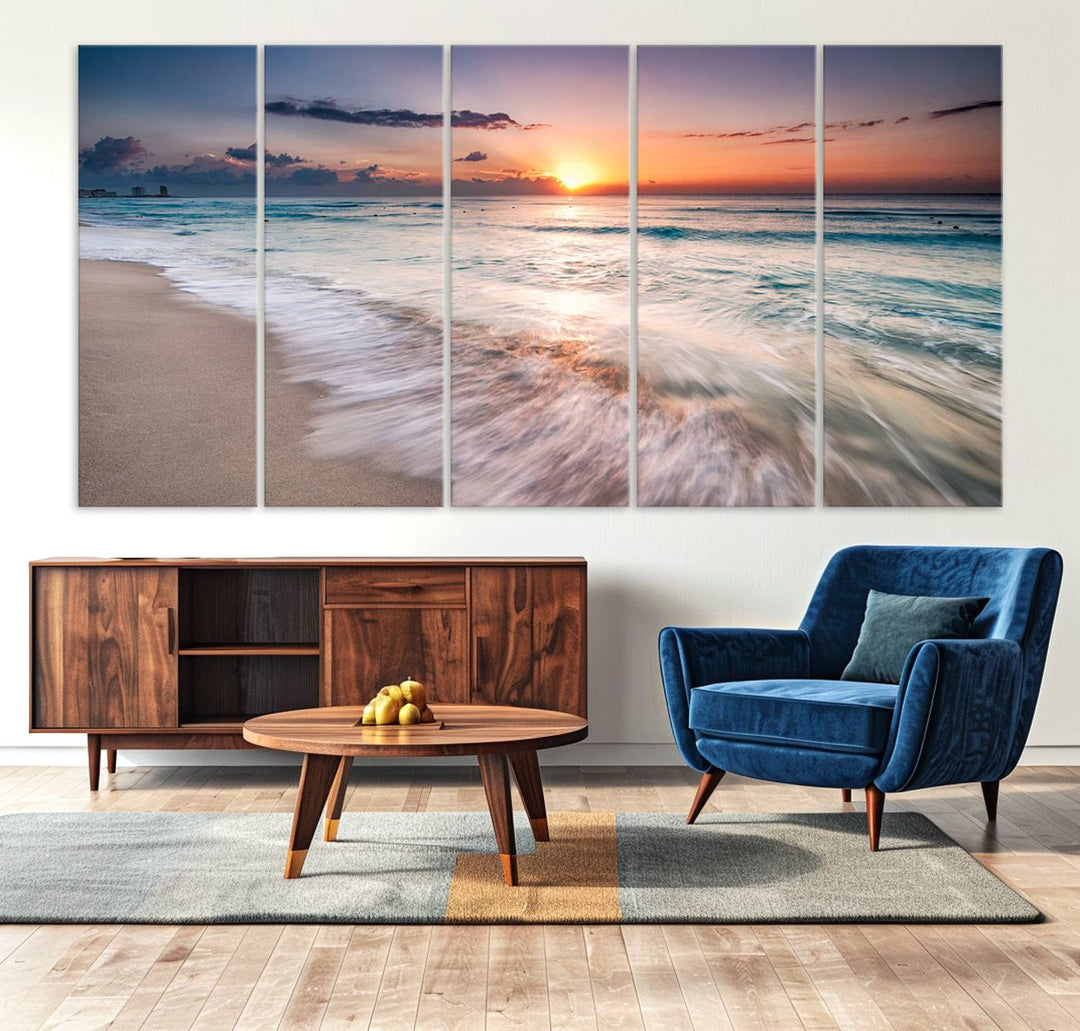 Sunset Wave and Bubble on the Beach Sunset Wall Art Canvas Print