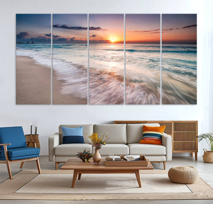 Sunset Wave and Bubble on the Beach Sunset Wall Art Canvas Print