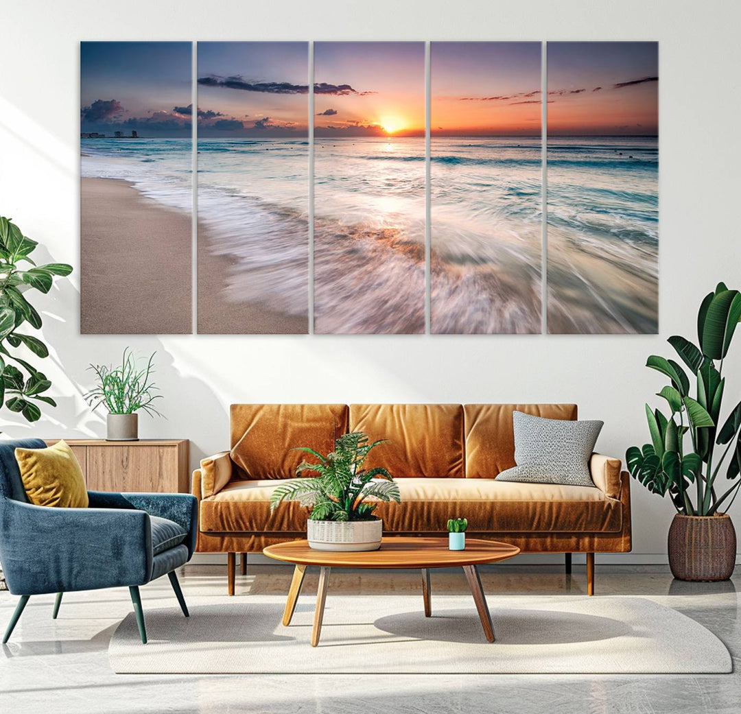 Sunset Wave and Bubble on the Beach Sunset Wall Art Canvas Print