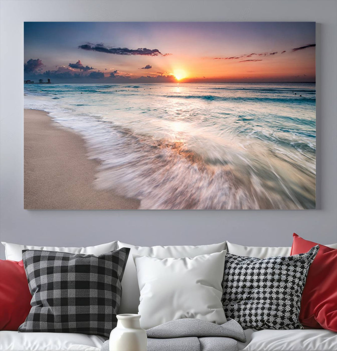 Sunset Wave and Bubble on the Beach Sunset Wall Art Canvas Print