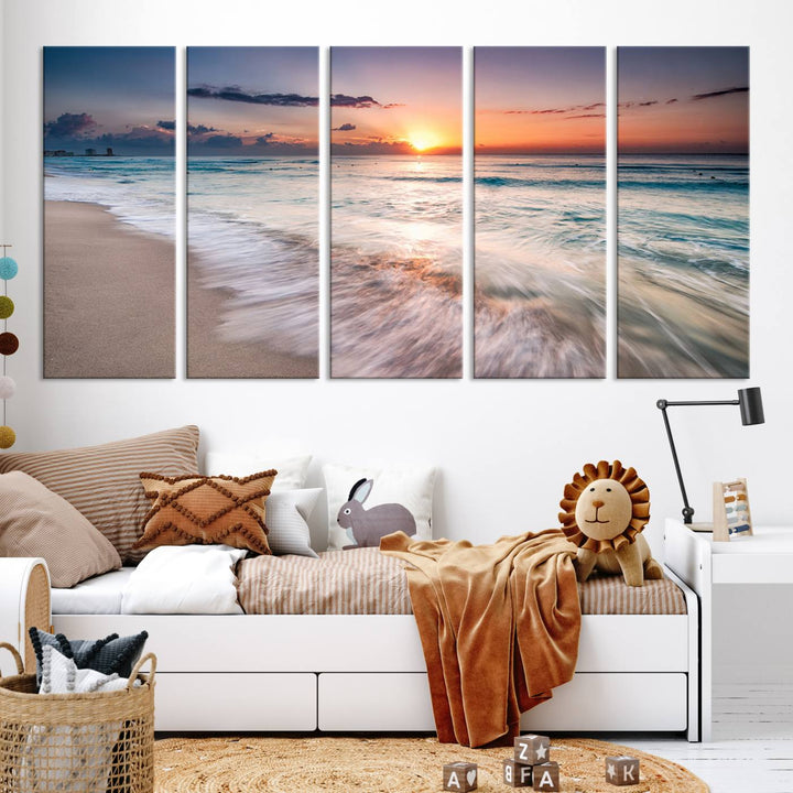 Sunset Wave and Bubble on the Beach Sunset Wall Art Canvas Print