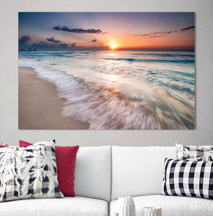 Sunset Wave and Bubble on the Beach Sunset Wall Art Canvas Print