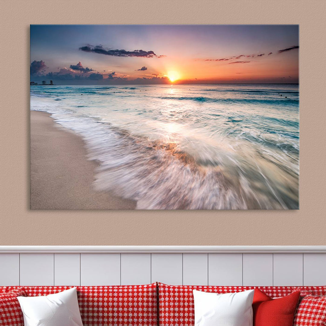 Sunset Wave and Bubble on the Beach Sunset Wall Art Canvas Print