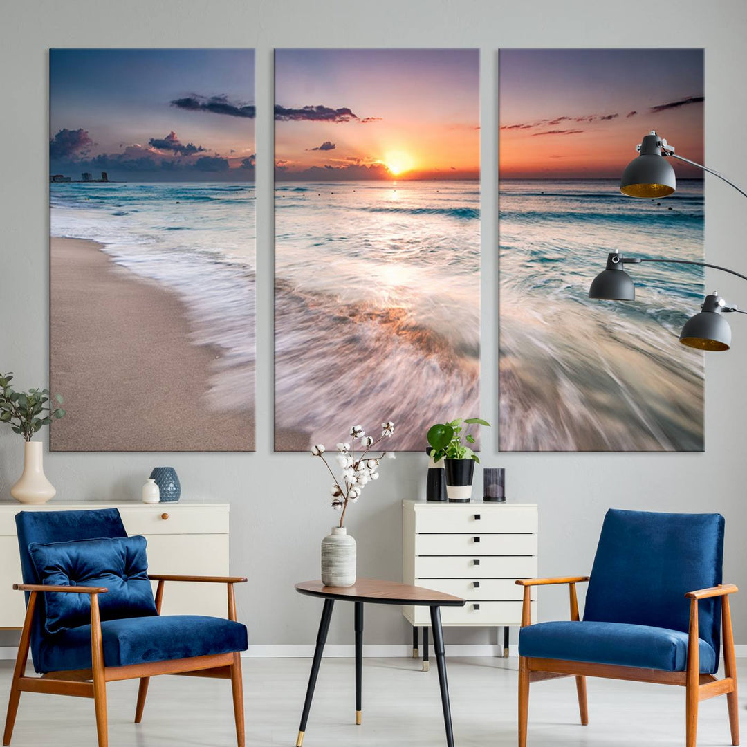 Sunset Wave and Bubble on the Beach Sunset Wall Art Canvas Print