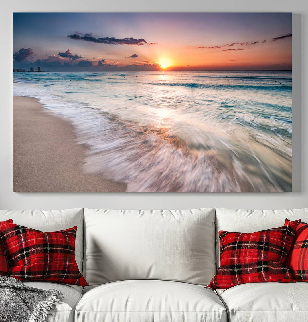 Sunset Wave and Bubble on the Beach Sunset Wall Art Canvas Print