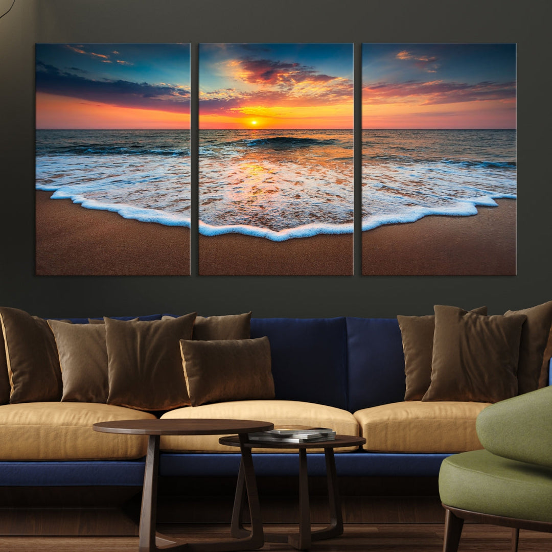 Sunset with Calm Waves on the Beach Extra Large Canvas Wall Art Giclee Print