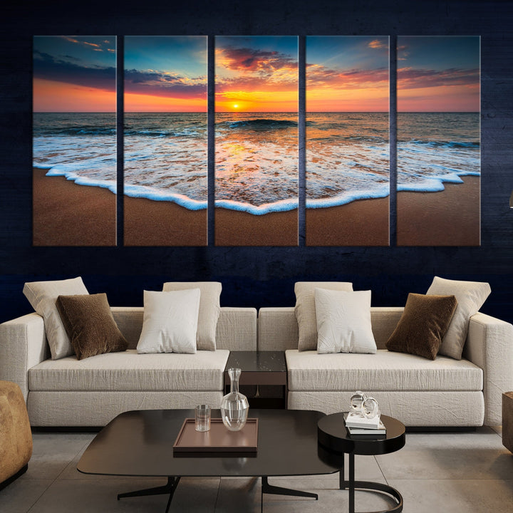 Sunset with Calm Waves on the Beach Extra Large Canvas Wall Art Giclee Print