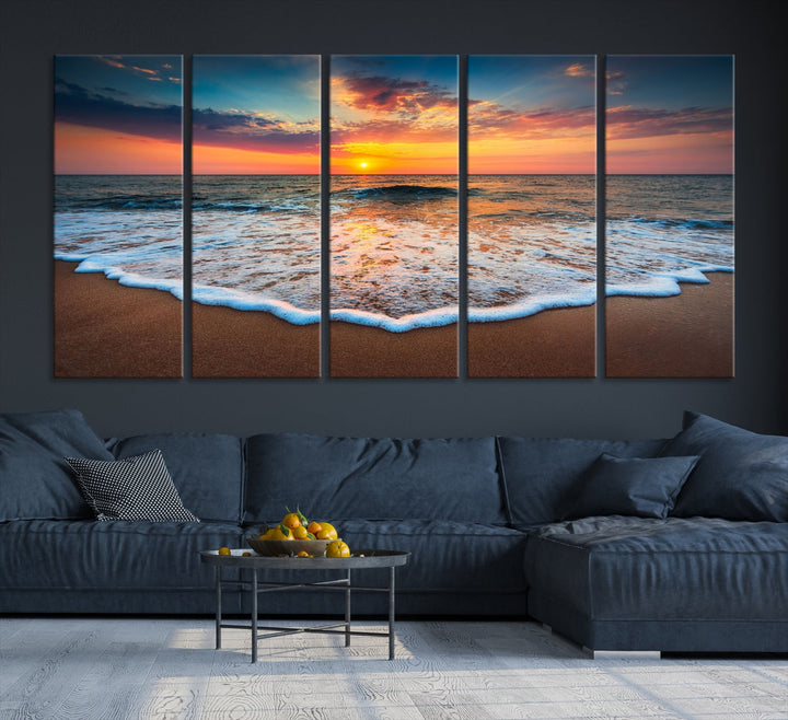 Sunset with Calm Waves on the Beach Extra Large Canvas Wall Art Giclee Print