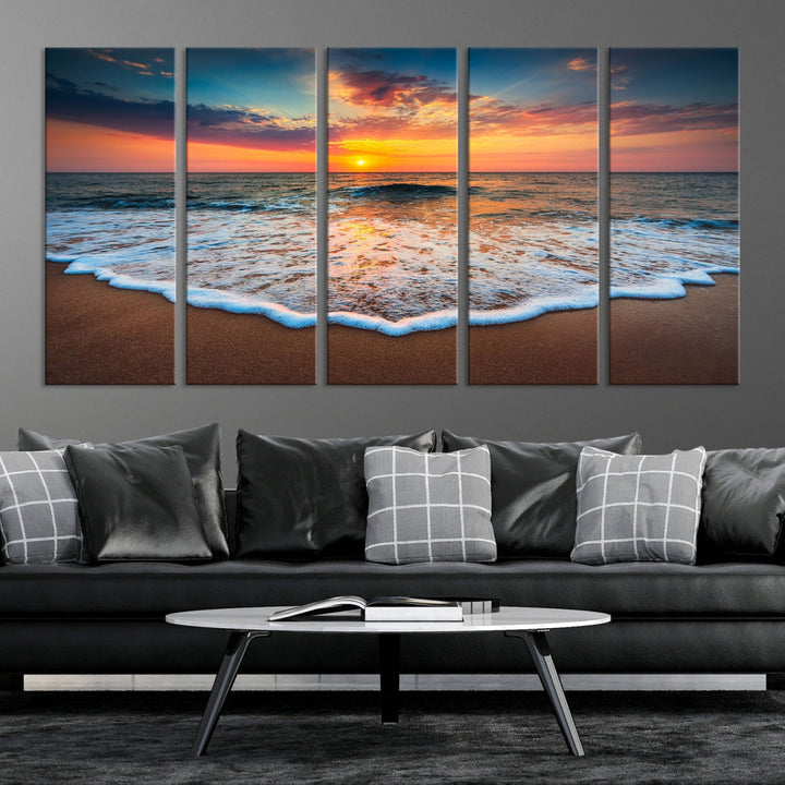 Sunset with Calm Waves on the Beach Extra Large Canvas Wall Art Giclee Print