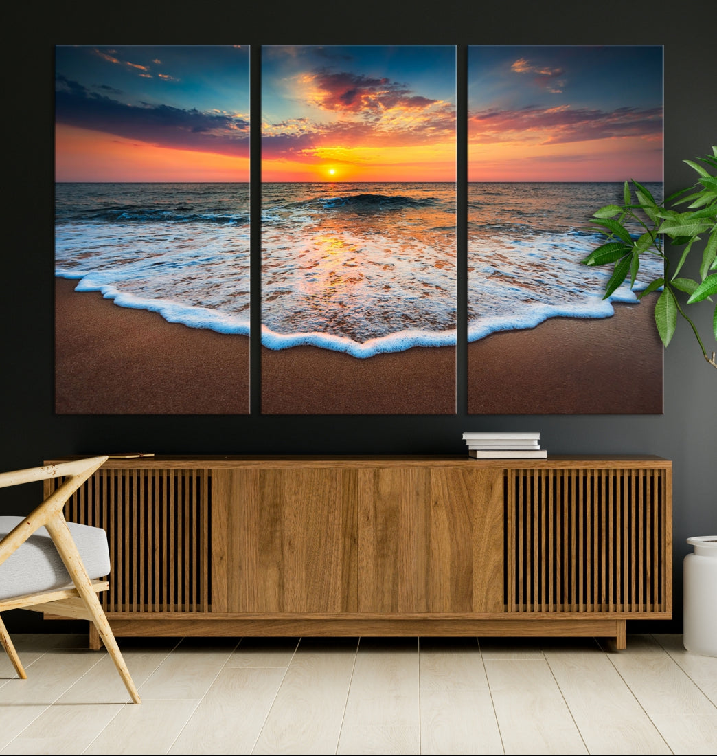 Sunset with Calm Waves on the Beach Extra Large Canvas Wall Art Giclee Print