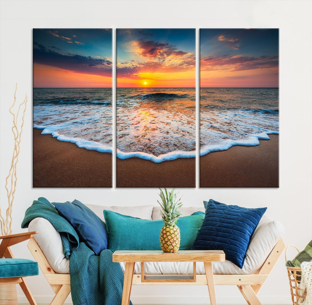 Sunset with Calm Waves on the Beach Extra Large Canvas Wall Art Giclee Print