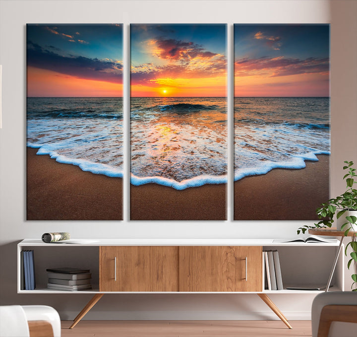 Sunset with Calm Waves on the Beach Extra Large Canvas Wall Art Giclee Print