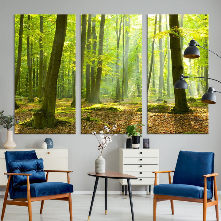 Sunshine in Green Forest Large Tree Wall Art Landscape Canvas Print