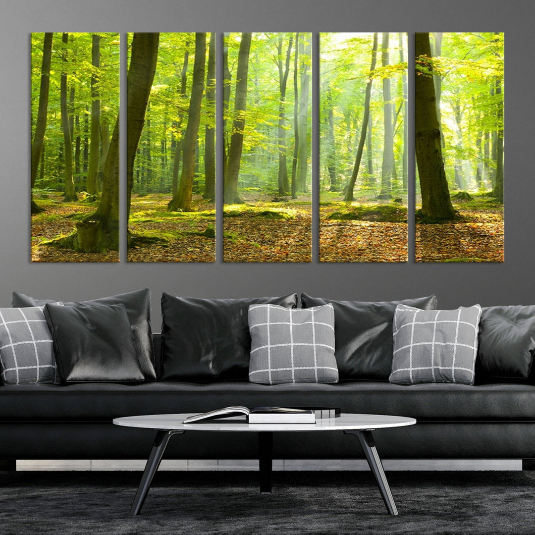 Sunshine in Green Forest Large Tree Wall Art Landscape Canvas Print