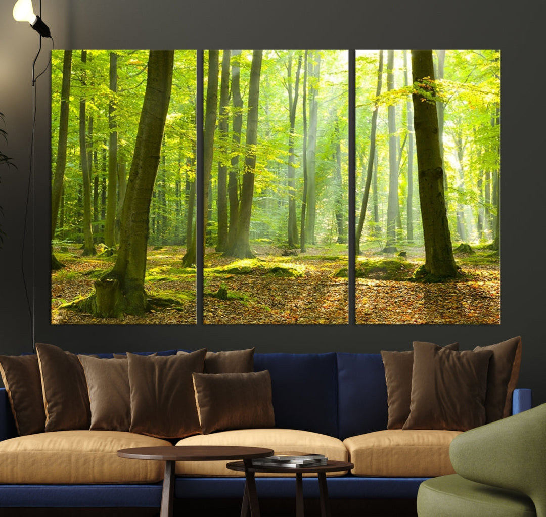 Sunshine in Green Forest Large Tree Wall Art Landscape Canvas Print