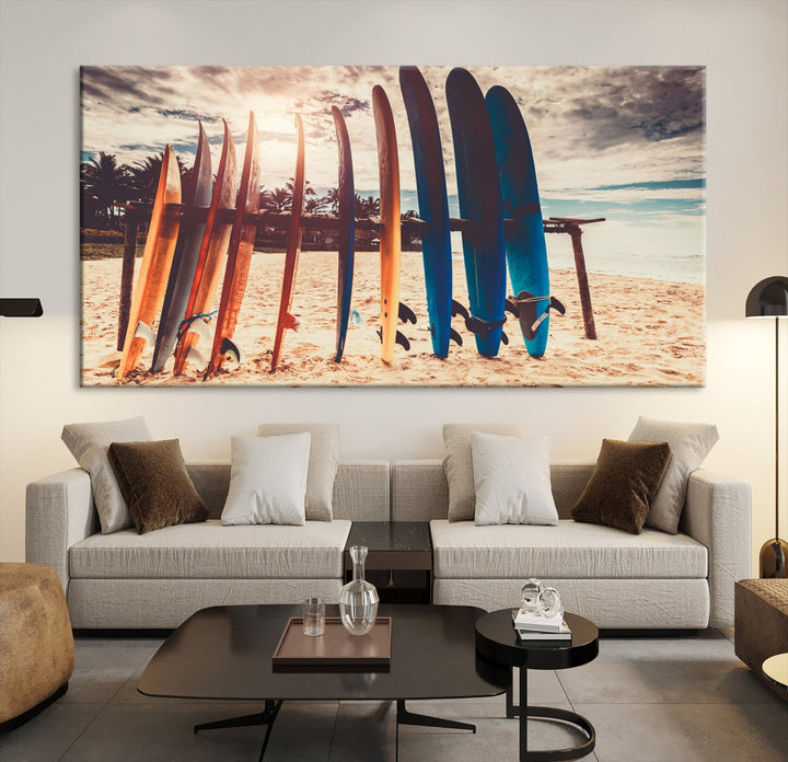 Surfing Boards and Sunset Canvas Wall Art Print Inspirational Sports Art Print