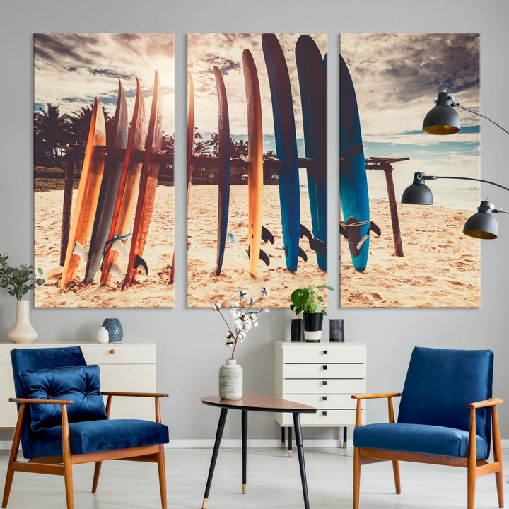 Surfing Boards and Sunset Canvas Wall Art Print Inspirational Sports Art Print