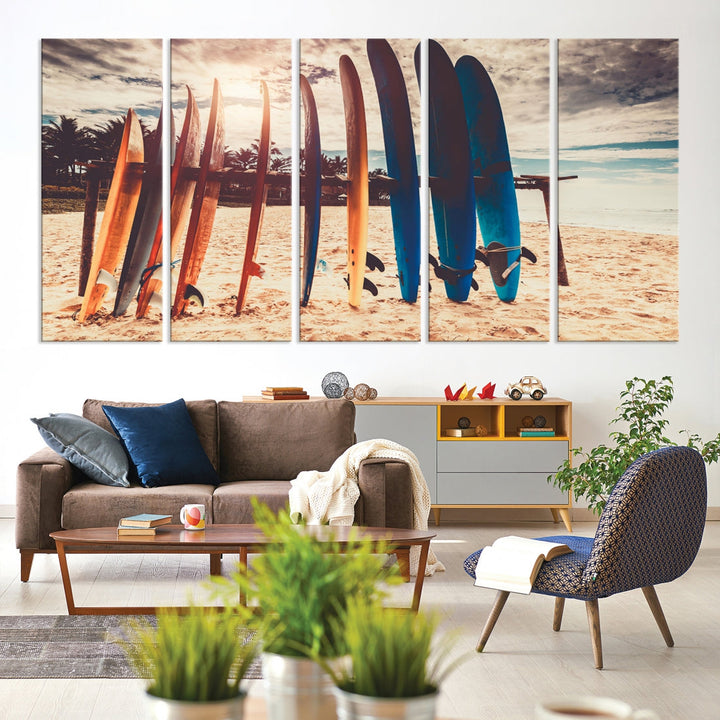 Surfing Boards and Sunset Canvas Wall Art Print Inspirational Sports Art Print