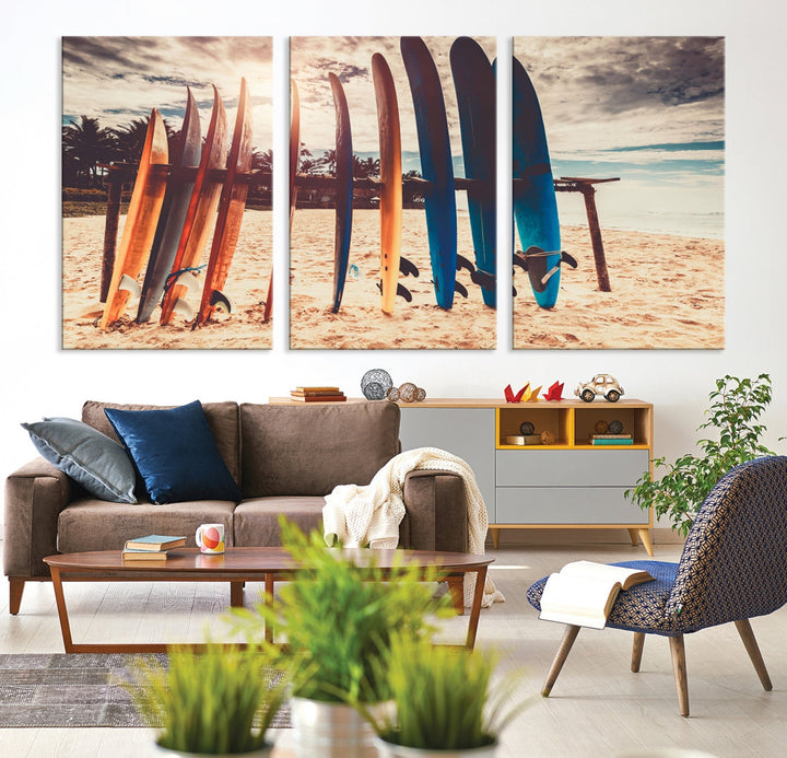 Surfing Boards and Sunset Canvas Wall Art Print Inspirational Sports Art Print