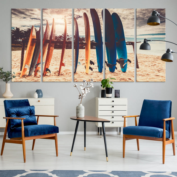 Surfing Boards and Sunset Canvas Wall Art Print Inspirational Sports Art Print