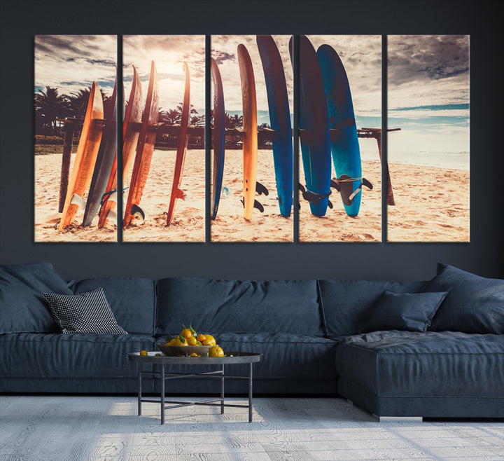 Surfing Boards and Sunset Canvas Wall Art Print Inspirational Sports Art Print