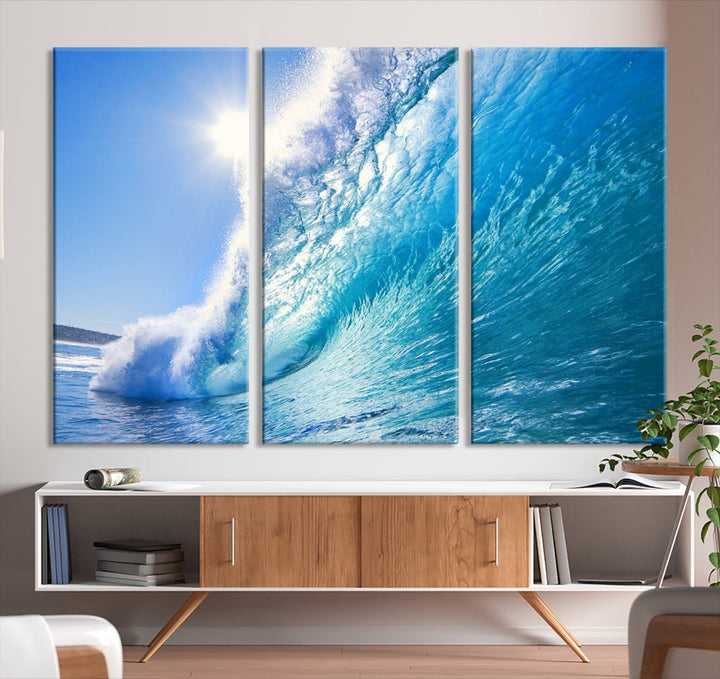 Surfing Wave Art Print Big Blue Ocean Canvas Wall Art for Living Room Decor