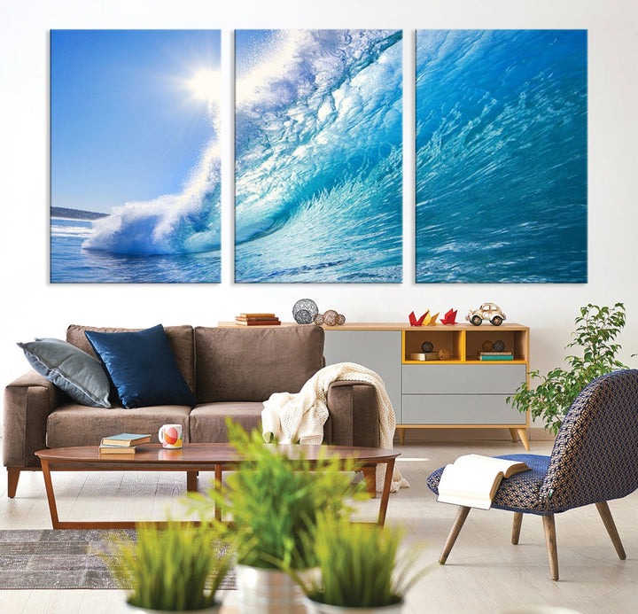 Surfing Wave Art Print Big Blue Ocean Canvas Wall Art for Living Room Decor