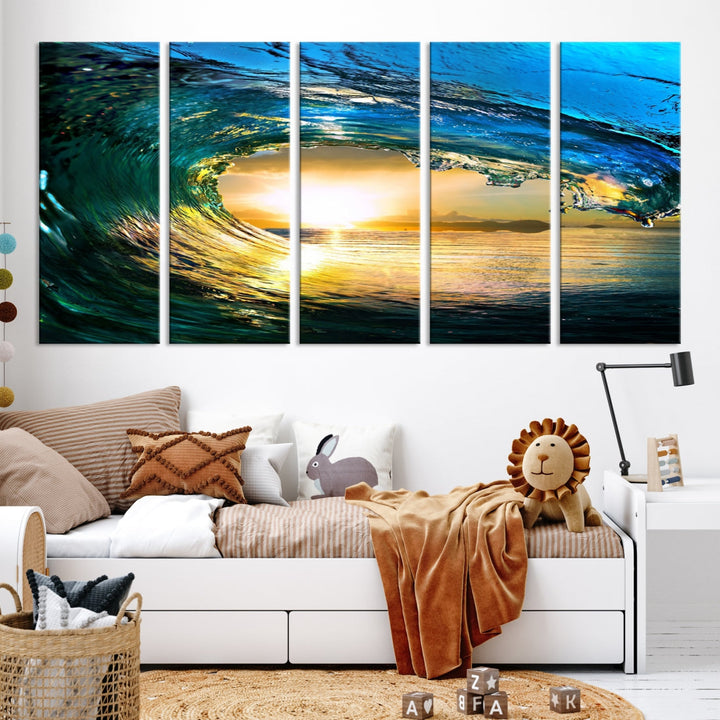 Surfing Wave Sunset Ocean Canvas Print Surf Wall Art Multi Panel Wall Decor