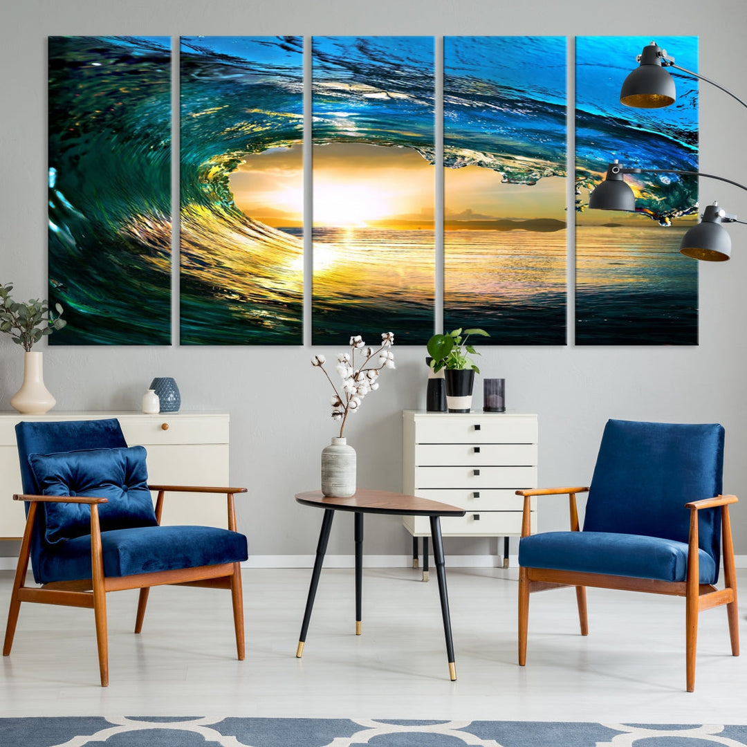 Surfing Wave Sunset Ocean Canvas Print Surf Wall Art Multi Panel Wall Decor