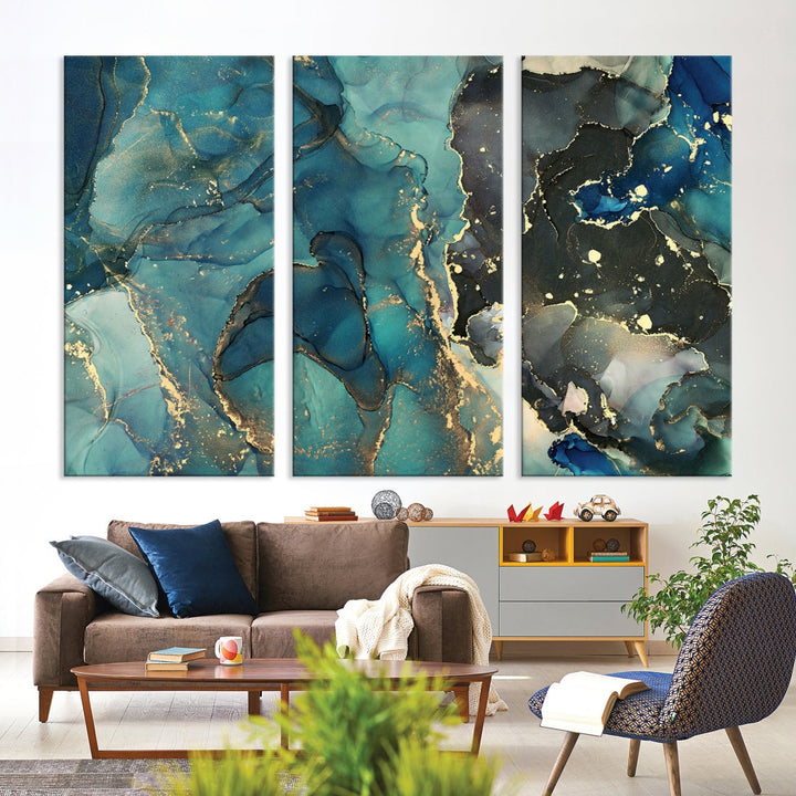 Teal and Gold Marble Abstract Painting on Giclee Canvas Wall Art Print