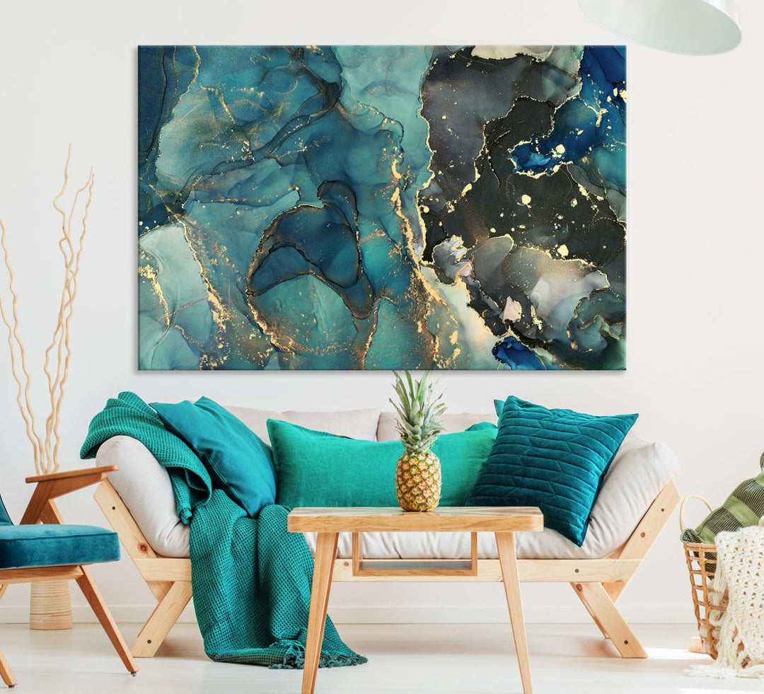 Teal and Gold Marble Abstract Painting on Giclee Canvas Wall Art Print