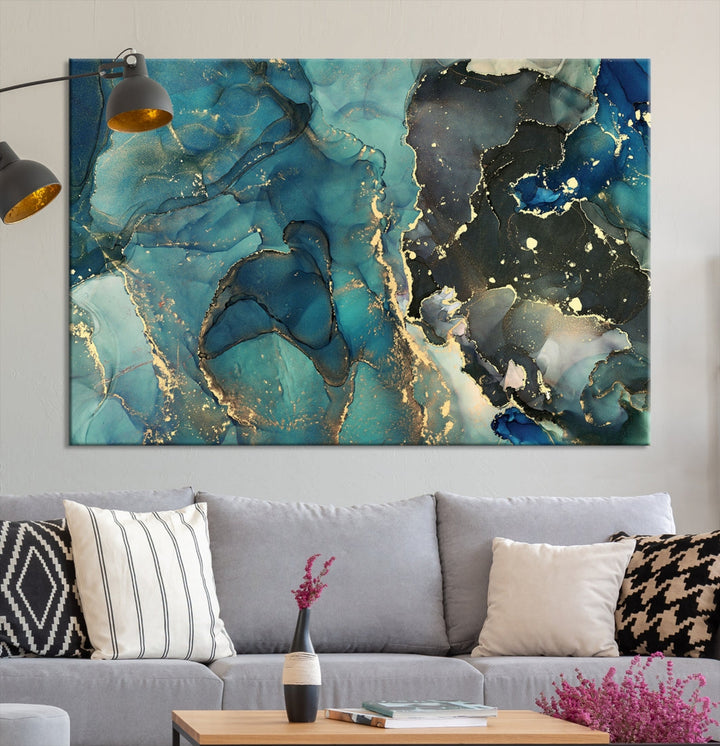 Teal and Gold Marble Abstract Painting on Giclee Canvas Wall Art Print