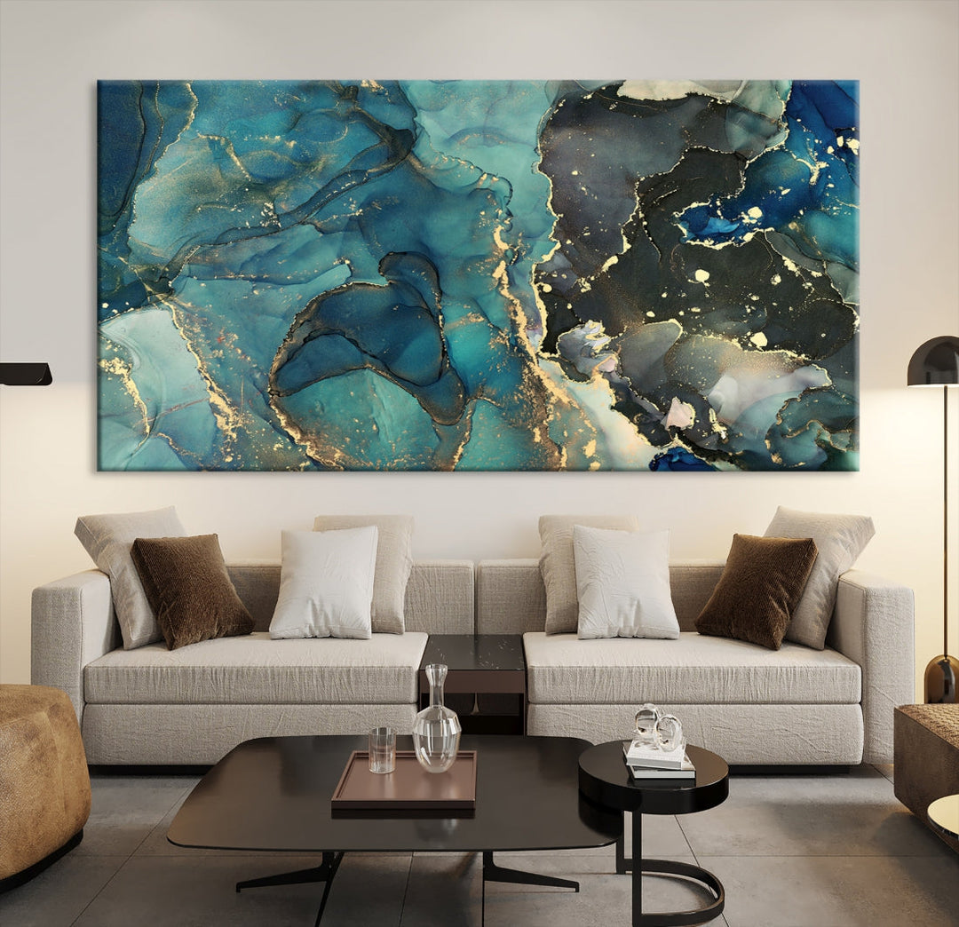 Teal and Gold Marble Abstract Painting on Giclee Canvas Wall Art Print