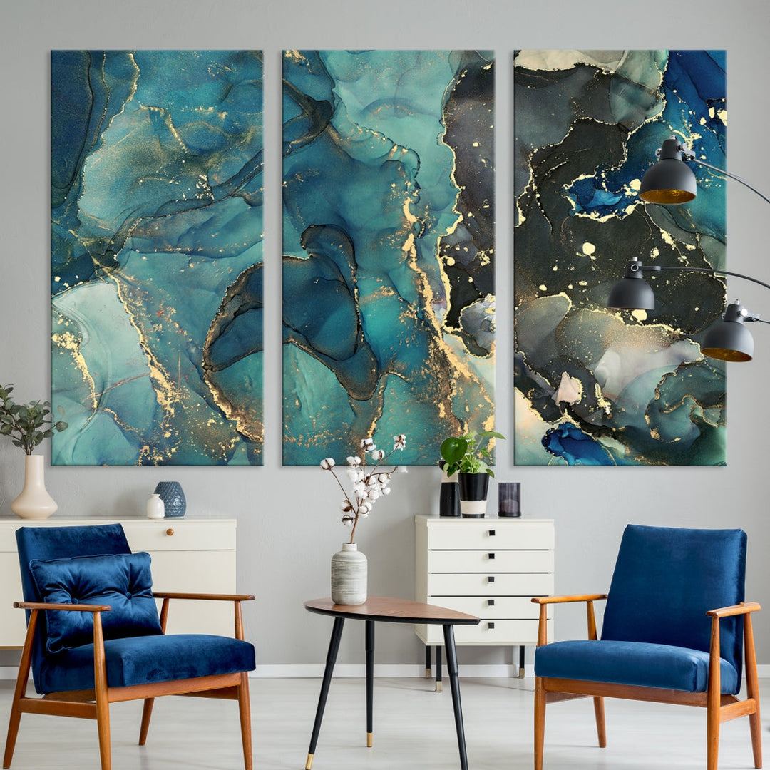 Teal and Gold Marble Abstract Painting on Giclee Canvas Wall Art Print