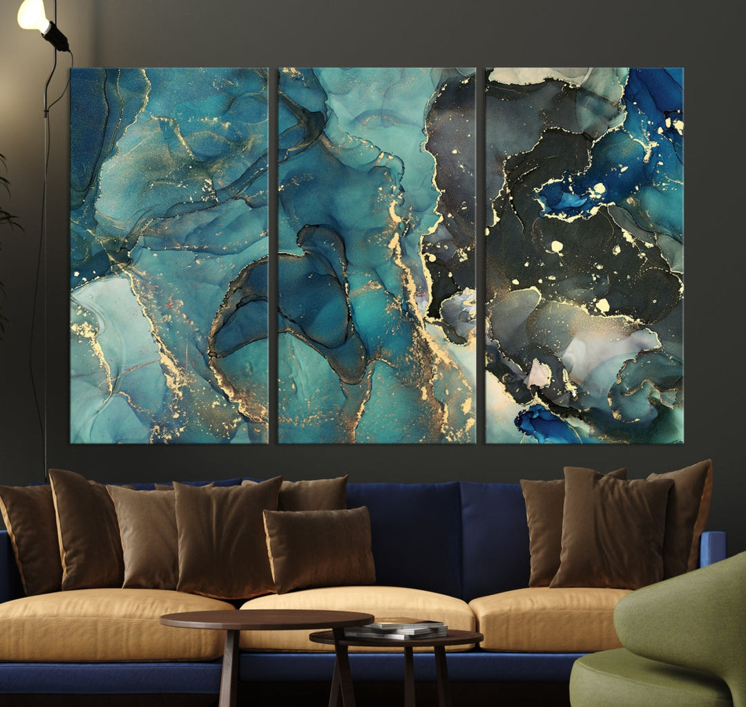 Teal and Gold Marble Abstract Painting on Giclee Canvas Wall Art Print