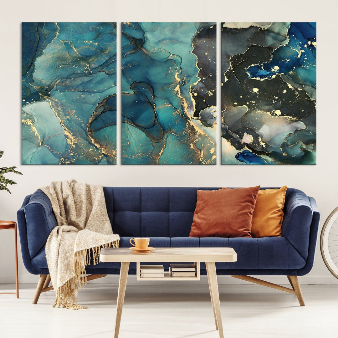 Teal and Gold Marble Abstract Painting on Giclee Canvas Wall Art Print