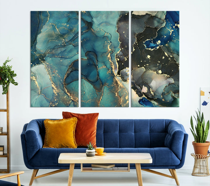 Teal and Gold Marble Abstract Painting on Giclee Canvas Wall Art Print