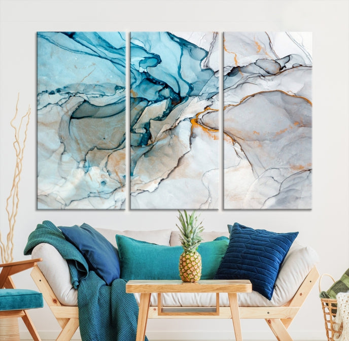 Teal Blue and Gray Abstract Artwork Large Wall Art Modern Canvas Print