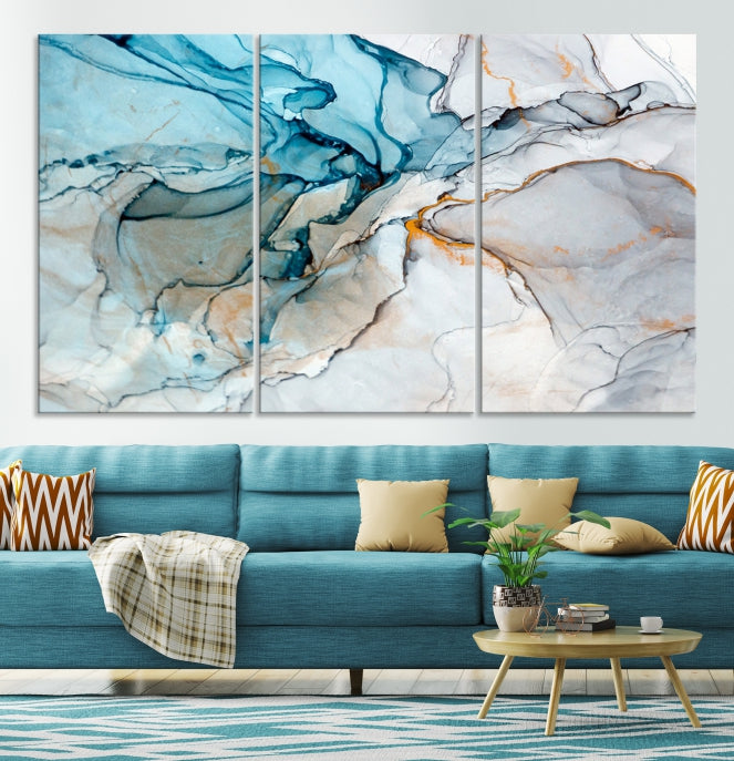 Teal Blue and Gray Abstract Artwork Large Wall Art Modern Canvas Print