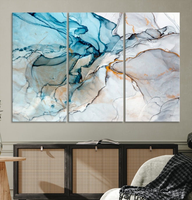 Teal Blue and Gray Abstract Artwork Large Wall Art Modern Canvas Print