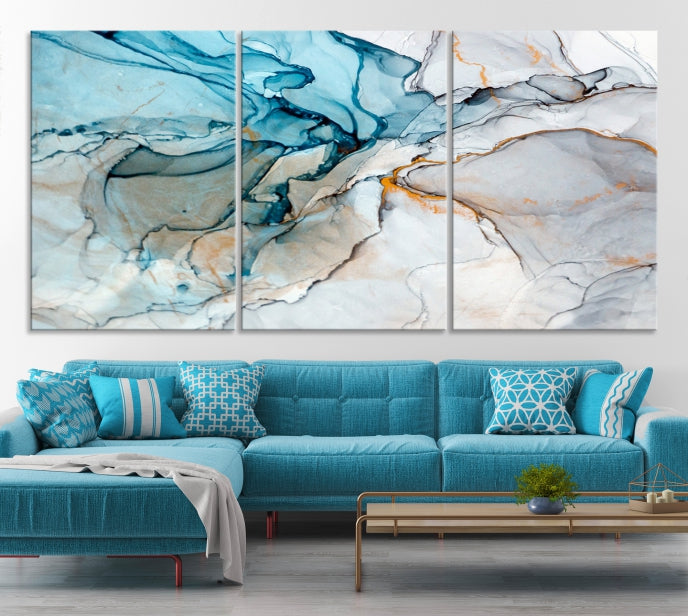 Teal Blue and Gray Abstract Artwork Large Wall Art Modern Canvas Print