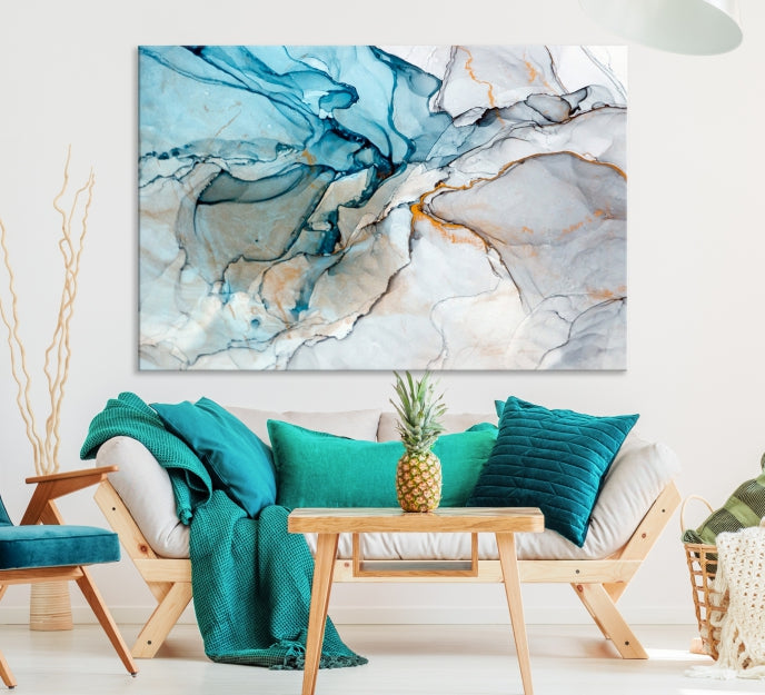 Teal Blue and Gray Abstract Artwork Large Wall Art Modern Canvas Print